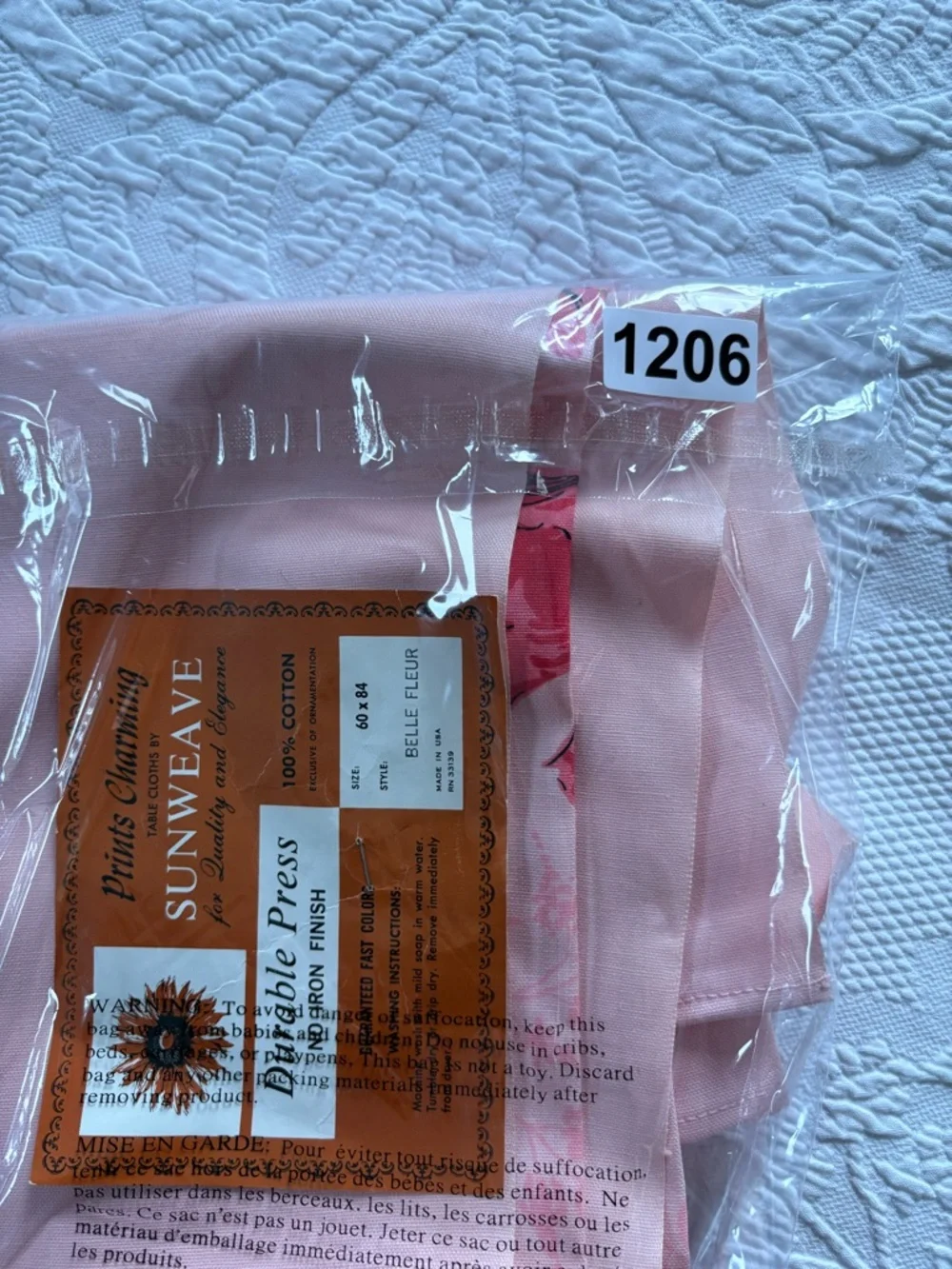 VTG 60s  deadstock Prints Charming tablecloth Sunweave pink floral cotton 60x84
